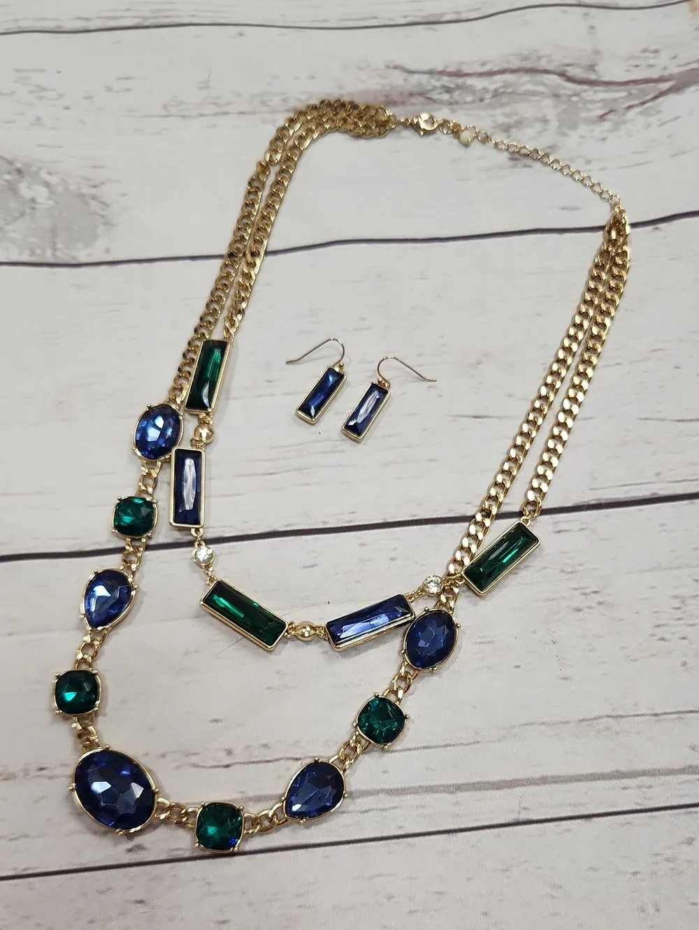 Gold-Tone Blue & Green Gemstone Layered Necklace with Matching Earrings